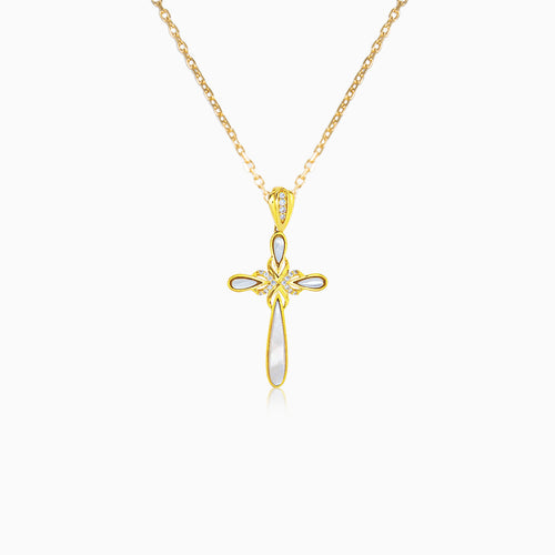 Zlatý zaoblený kříž s perletí a zirkony