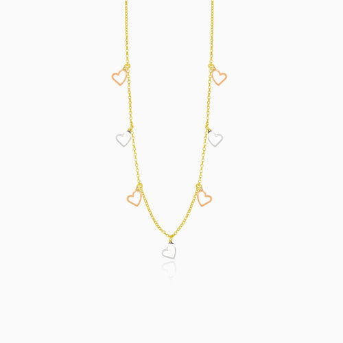Gold necklace with two-colored hearts