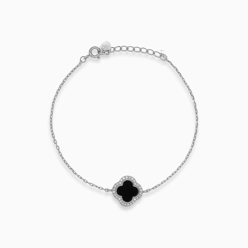 Silver clover leaf bracelet with blak agate and cubic zirconia