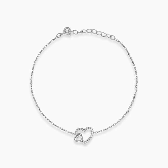 Bracelet argent à deux cœurs avec zircone cubique