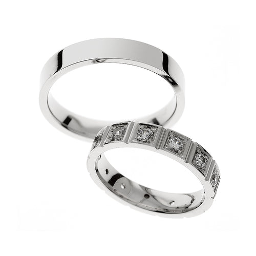 Square white gold wedding ring with diamonds