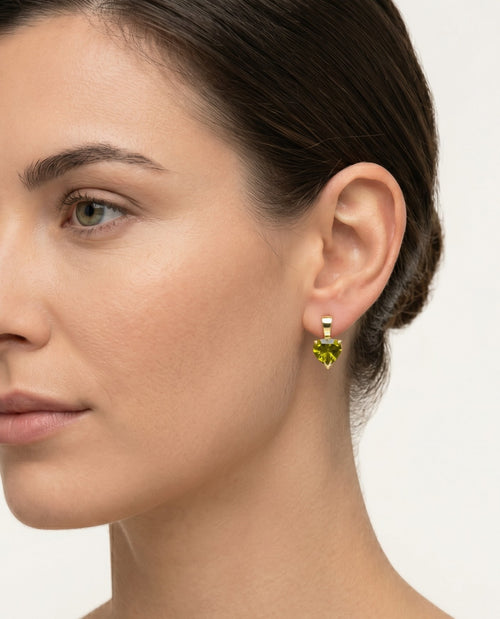 Yellow gold heart shaped moldavite drop earrings