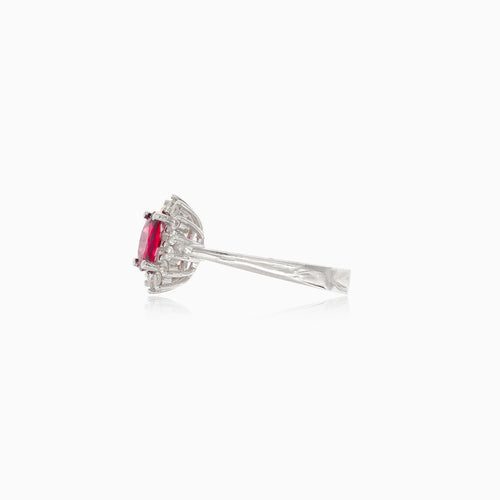 White gold ruby ring with halo of diamonds
