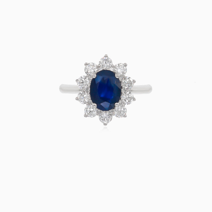 Bague fleur royale en or blanc avec diamant et saphir bleu