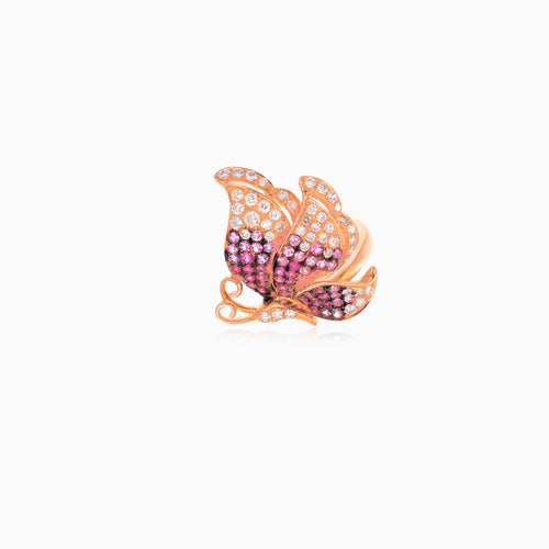 Okouzlující prsten z 18kt ruzoveho  zlata s motýlem