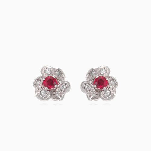 Elegant white gold stud earrings with diamonds and rubies