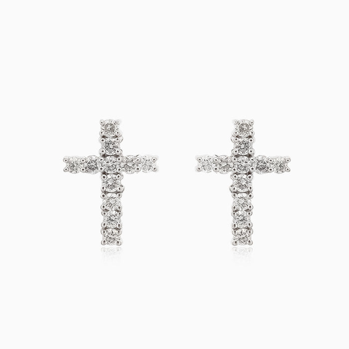 Boucles d’oreilles croix en or blanc avec diamant
