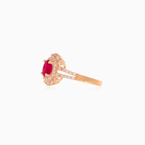 Elegantní prsten z růžového zlata s diamanty a rubíny