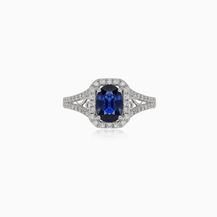 Unique white gold diamond ring with sapphire