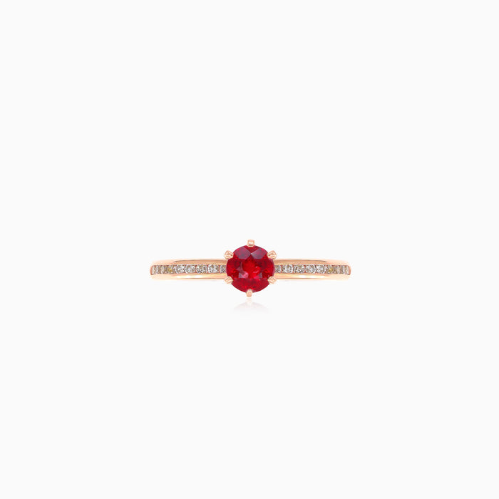 Anillo elegante de oro rosa con diamante y rubí