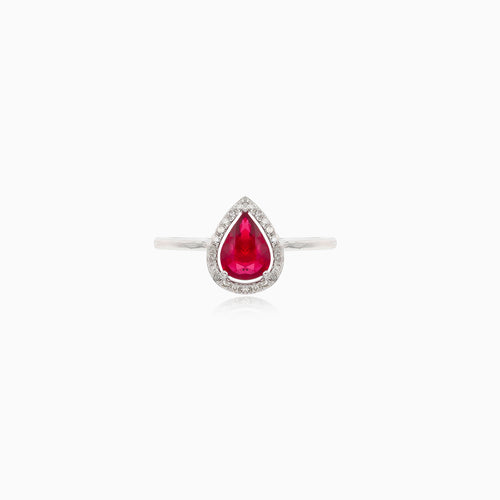 White gold pear cut ruby ring with diamonds
