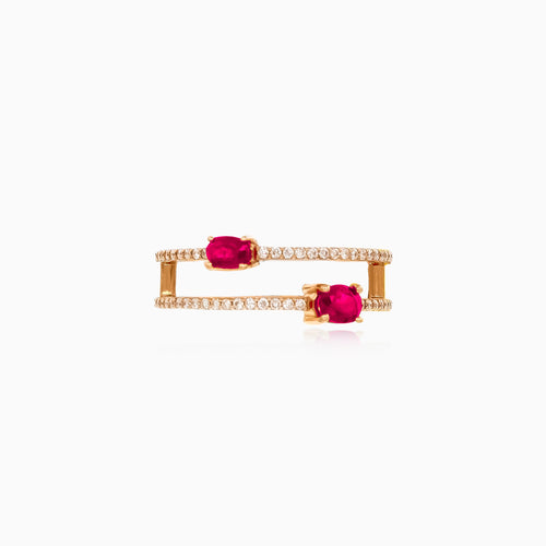 Dvojitý prsten z růžového zlata s rubíny a diamanty