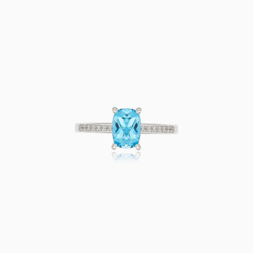 Blue emerald cut diamond topaz ring