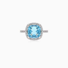 Důmyslný prsten z bílého zlata s diamantem a modrým topazem