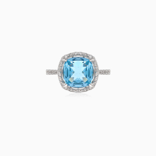 Důmyslný prsten z bílého zlata s diamantem a modrým topazem