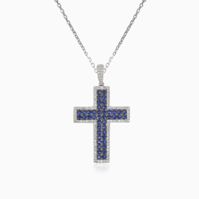 Pendentif croix élégant avec diamants et saphirs bleus