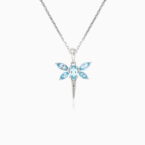 White gold diamond and blue topaz dragon fly pendent