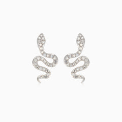 Natural round diamond yellow gold snake stud earrings