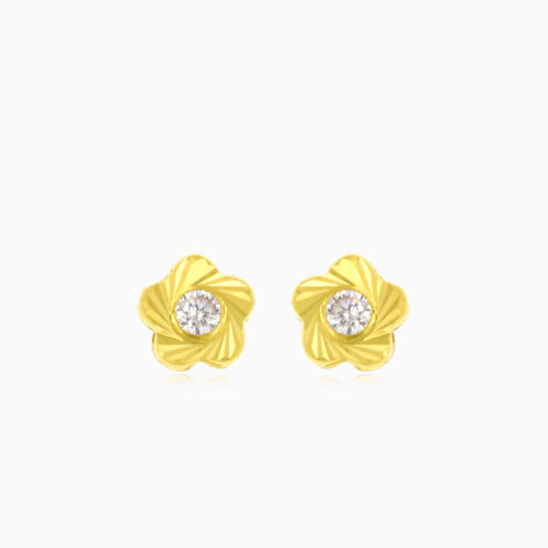 Yellow gold small flower with cubic zirconia earrings