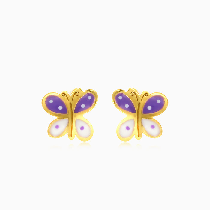 Boucles d'oreilles puces pour enfant en or jaune, papillon émaillé, fermoir à vis.