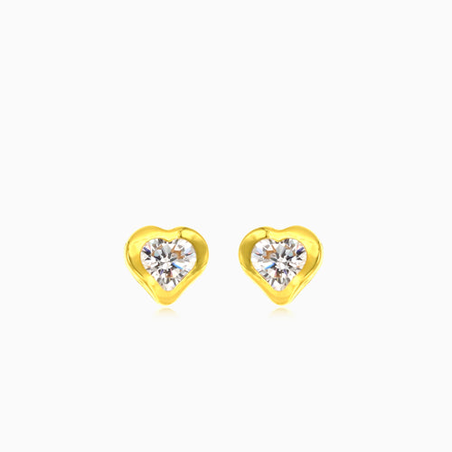 Yellow gold tiny cubic zirconia heart stud earrings