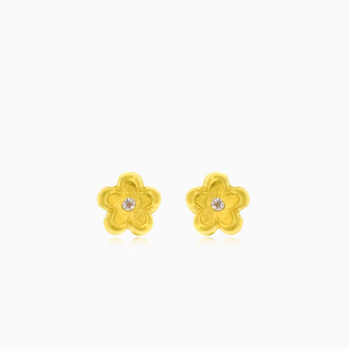 Lustrous yellow gold flower with cubic zirconia earrings