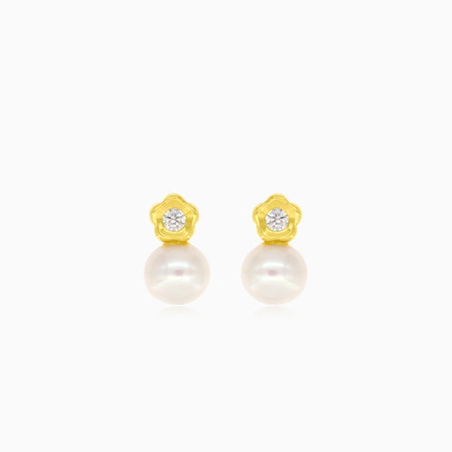 Gold flower with cubic zirconia and pearl baby drop earrings