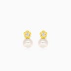 Gold flower with cubic zirconia and pearl baby drop earrings