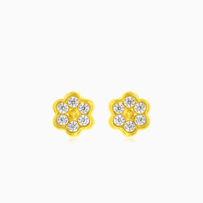 Gelbgoldene Cubic-Zirkonia-Blumen-Ohrstecker für Babys und Kinder mit Schraubverschluss.