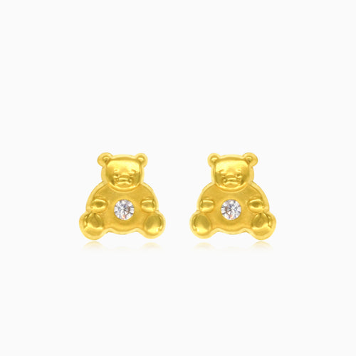 Cubic zirconia teddy bear stud earrings in yellow gold