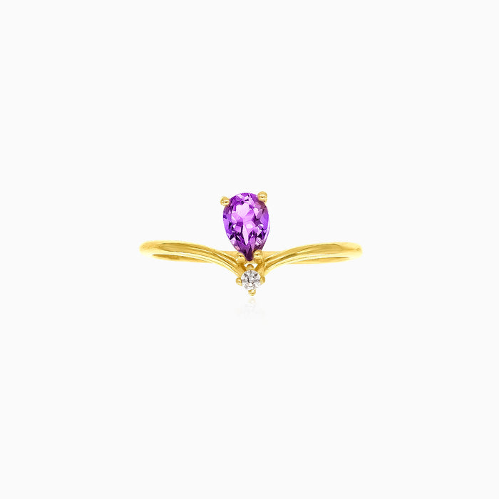 Pear-cut purple amethyst cubic zirconia yellow gold ring