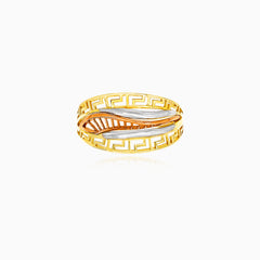 Greek key tri-gold ring