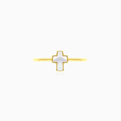 Prsten s perleťovým křížem ze žlutého zlata