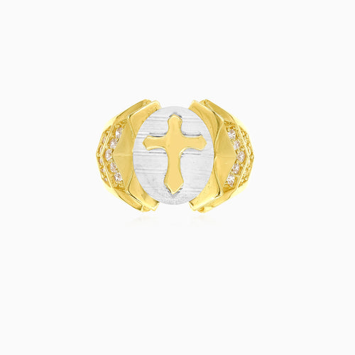 Dvoubarevný zlatý prsten s křížem
