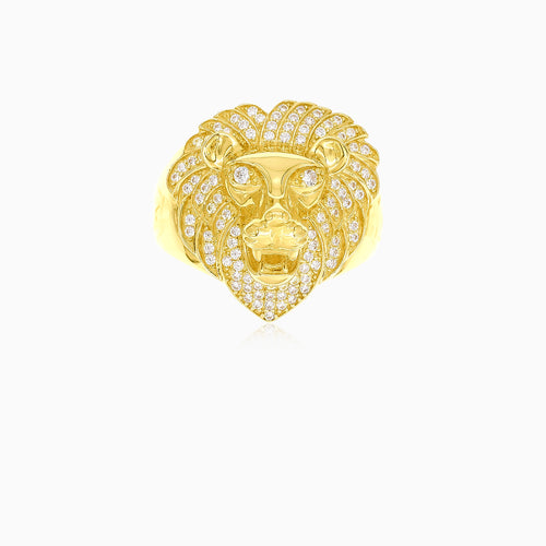 Zlatý prsten s hlavou lva se zirkony