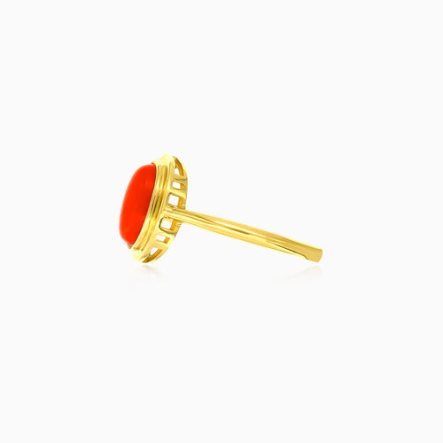 Red coral stone and yellow gold ring