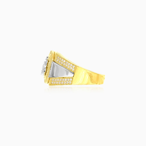 Two-tone gold ring with anchor and cubic zirconia