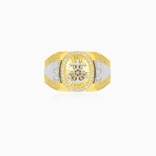 Two-tone gold ring with anchor and cubic zirconia