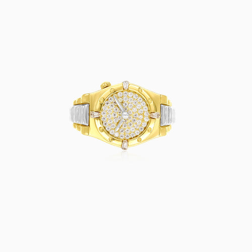 Zlatý prsten s designem hodinek s kubickými zirkony
