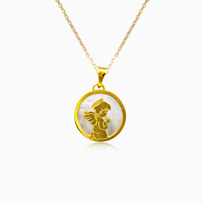 Yellow gold angel pendant with mother of pearl