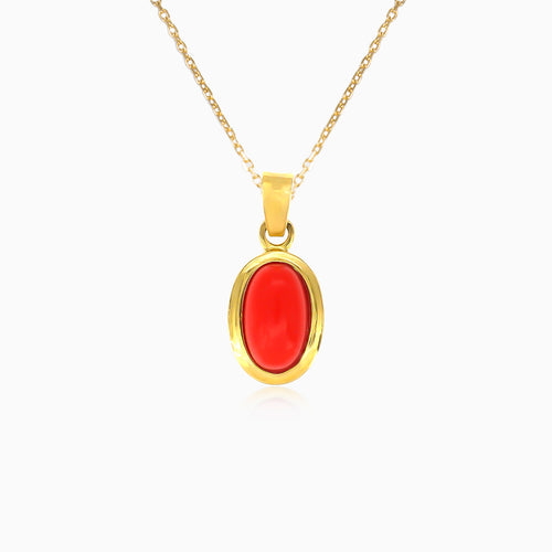 Yellow gold natural red coral oval pendant