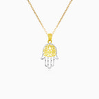 Filigree hamsa hand two tone gold pendant