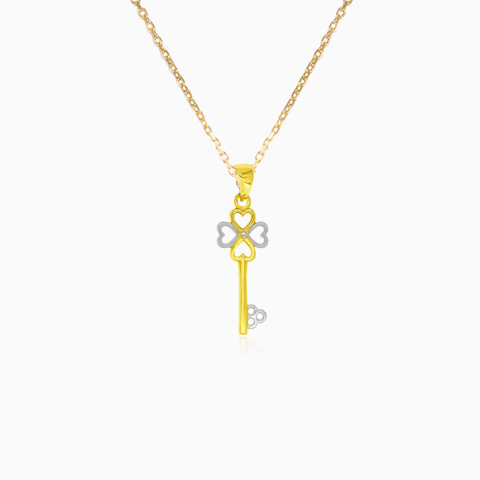 Four-leaf clover love key charm two-tone gold pendant