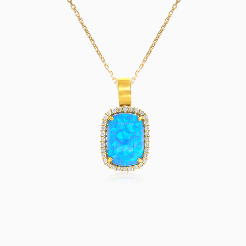 Blue opal halo gold pendant