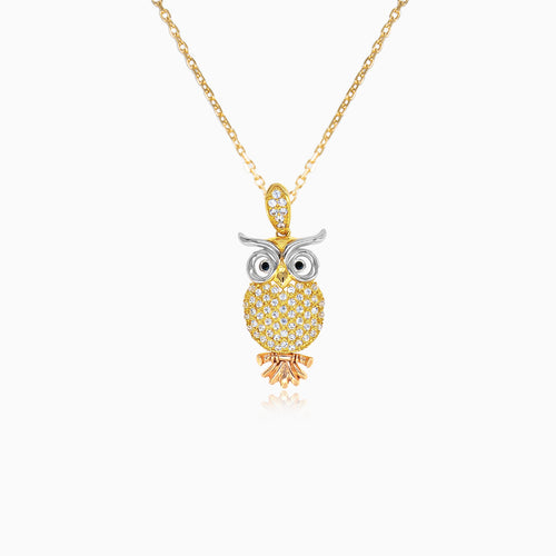 Gold owl pendant with zircons