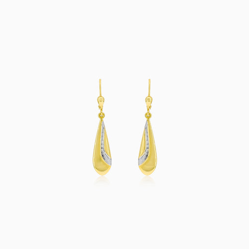 Drop dangling gold earrings with sandblasted details