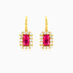 Emerald-cut red ruby halo earrings