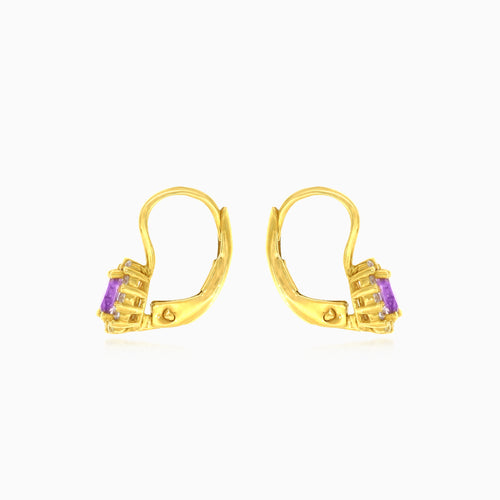 Oval cut purple amethyst yellow gold halo earrings