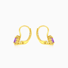 Oval cut purple amethyst yellow gold halo earrings