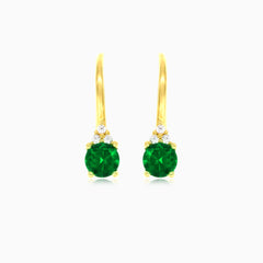 Gold earrings with synthetic emerald and cubic zirconia